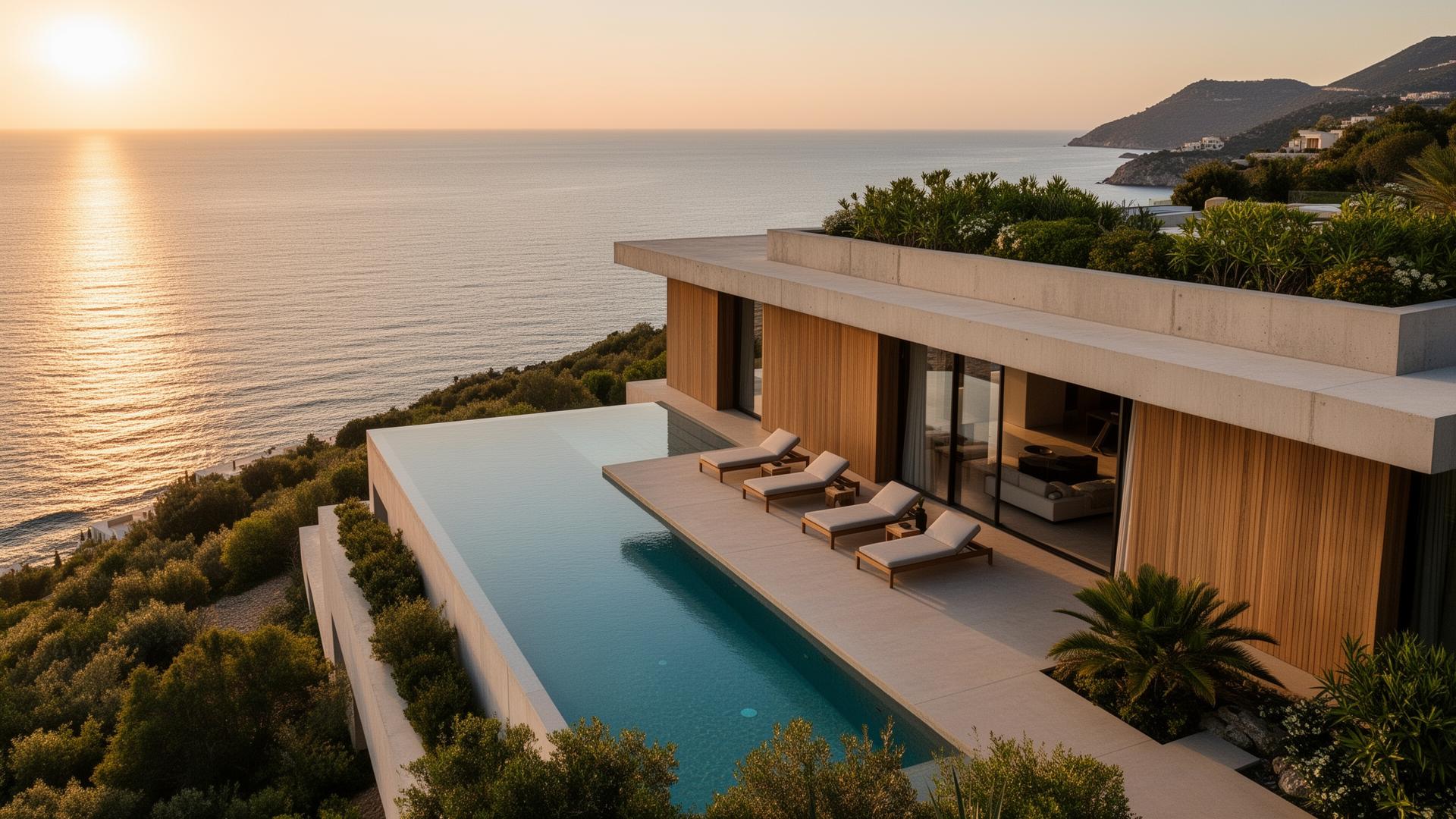 Cinematic boutique resort overlooking the sea at sunset